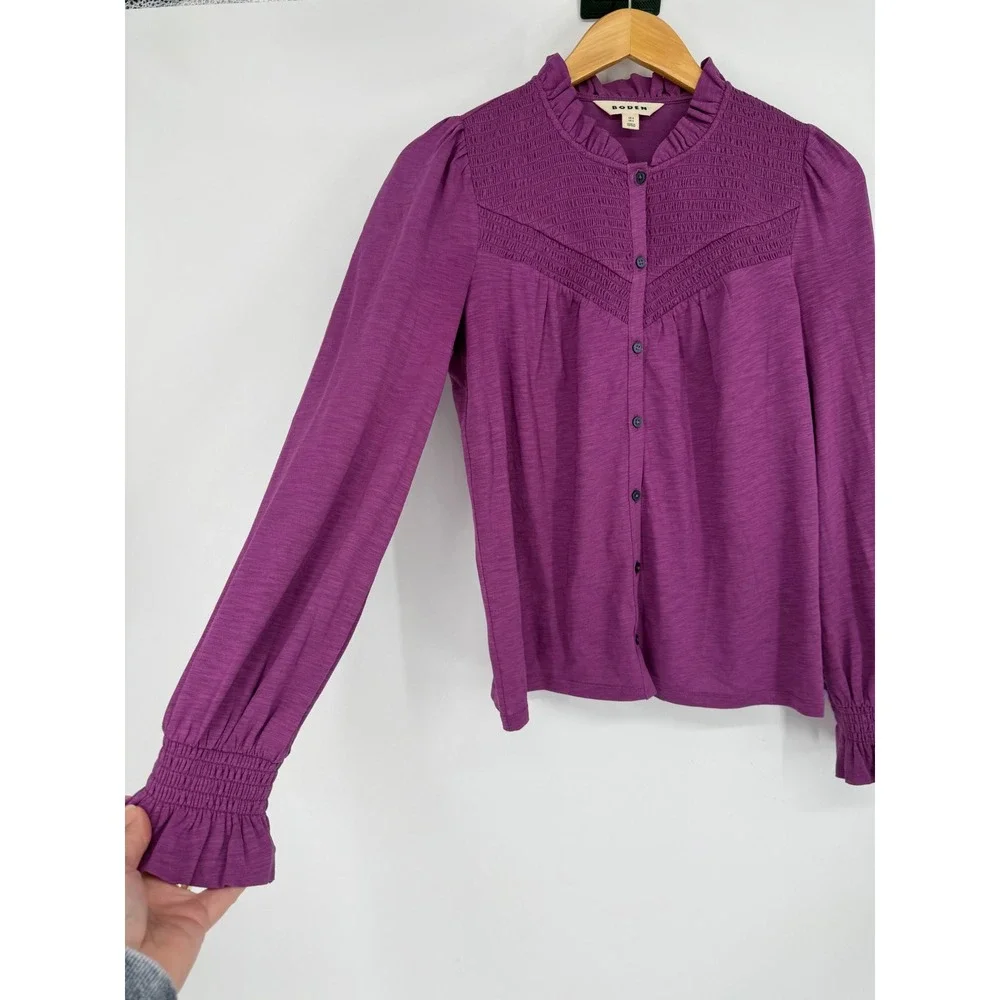 Boden Womens Purple Smocked Yoke Ruffle Button Front Blouse Top US 4 Modal Blend
